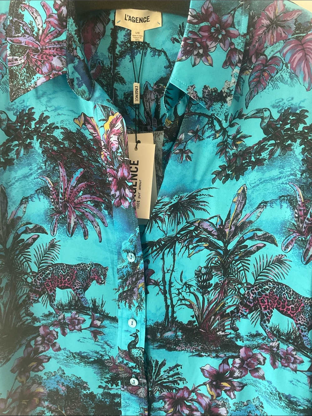 L'AGENCE Turquoise and Purple Jungle Print Button-Up Blouse - Picture 3 of 4